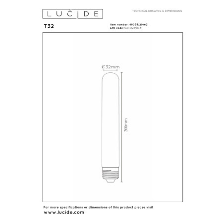 Lucide T32 - Ampoule filament - Ø 3,2 cm - LED Dim. - E27 - 1x4,9W 2200K - Ambre - H 20 cm