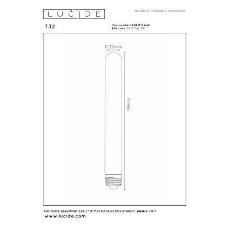 Lucide T32 - Ampoule filament - Ø 3,2 cm - LED Dim. - E27 - 1x4,9W 2200K - Ambre - H 25 cm