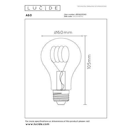 Lucide A60 - Ampoule filament - Ø 6 cm - LED Dim. - E27 - 1x4,9W 2200K - Ambre