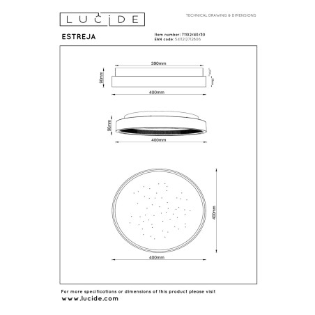 Lucide ESTREJA - Plafonnier - Ø 40 cm - LED 3 StepDim - CCT - 2500K/3000K - Noir