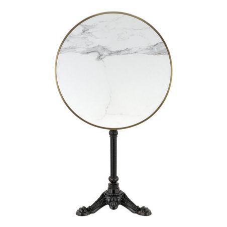 Table de terrasse ORSAY Ø60 pliable d'extérieur - Fonte d'acier, mélamine - laiton plateau marbre blanc, structure noir