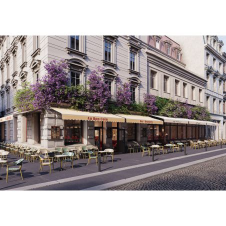 Table de terrasse ORSAY Ø60 pliable d'extérieur - Fonte d'acier, mélamine - laiton plateau marbre blanc, structure noir