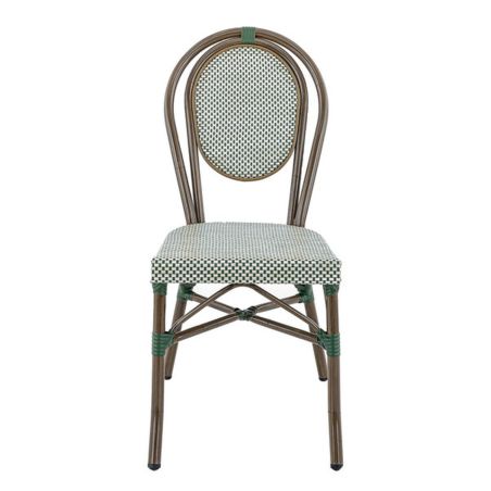 Chaise bistro PARIS H44 empilable d'extérieur - Aluminium effet bambou foncé, textilène vert & crème