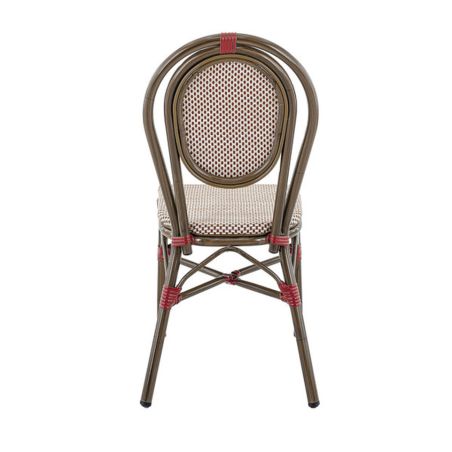 Chaise bistro PARIS H44 empilable d'extérieur - Aluminium effet bambou foncé, textilène bordeaux & crème
