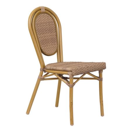 Chaise bistro PARIS H46 empilable d'extérieur - Aluminium effet bambou caramel, tressage PE imitation rotin noisette