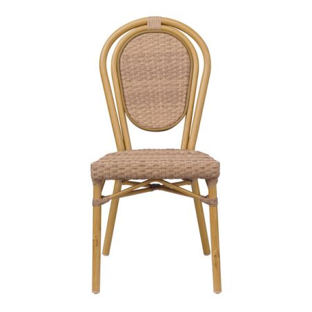 Chaise bistro PARIS H46 empilable d'extérieur - Aluminium effet bambou caramel, tressage PE imitation rotin noisette