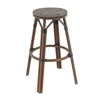 Tabouret de bar DOLE H76 d'extérieur - Aluminium effet bambou chestnut, textilène gris & beige
