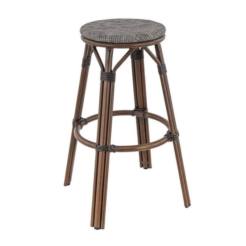 Tabouret de bar DOLE H76 d'extérieur - Aluminium effet bambou chestnut, textilène gris & beige