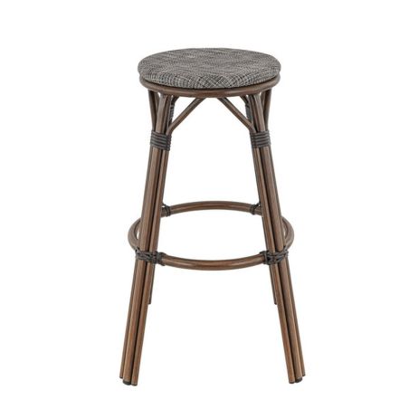 Tabouret de bar DOLE H76 d'extérieur - Aluminium effet bambou chestnut, textilène gris & beige