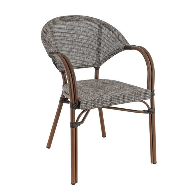 Fauteuil bistro BLOIS H46 empilable d'extérieur - Aluminium effet bambou chestnut, textilène gris & beige