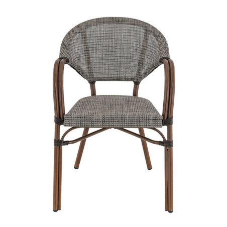 Fauteuil bistro BLOIS H46 empilable d'extérieur - Aluminium effet bambou chestnut, textilène gris & beige