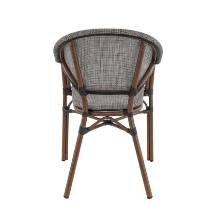 Fauteuil bistro BLOIS H46 empilable d'extérieur - Aluminium effet bambou chestnut, textilène gris & beige