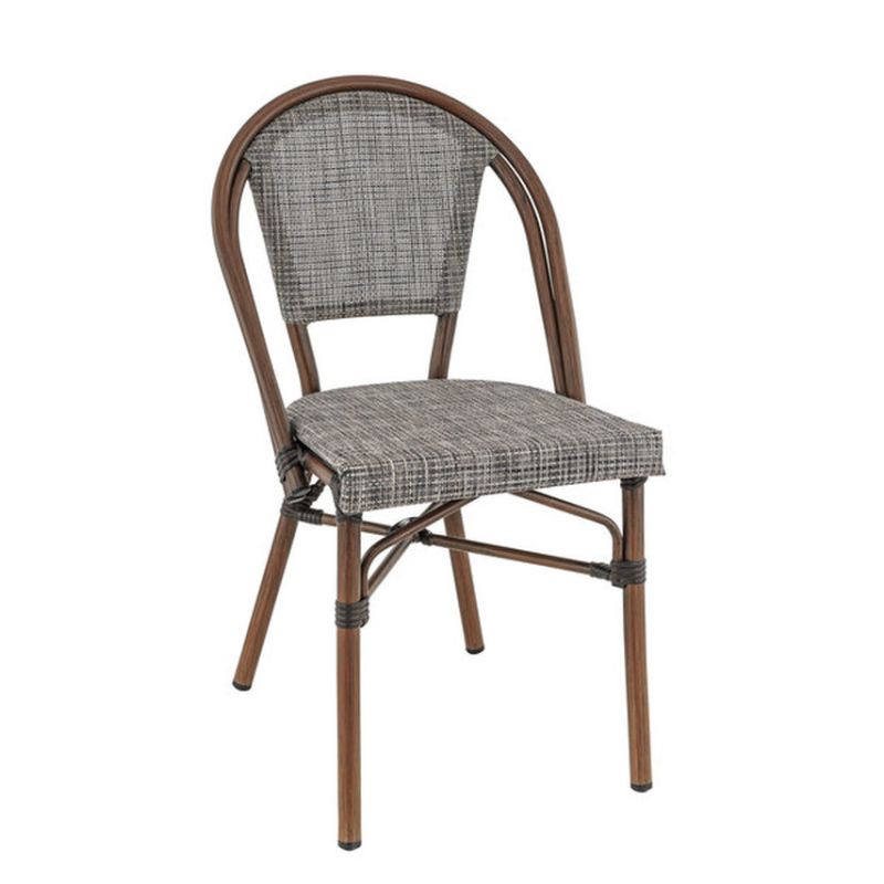 Chaise bistro REIMS H47 empilable d'extérieur - Aluminium effet bambou chestnut, textilène gris & beige