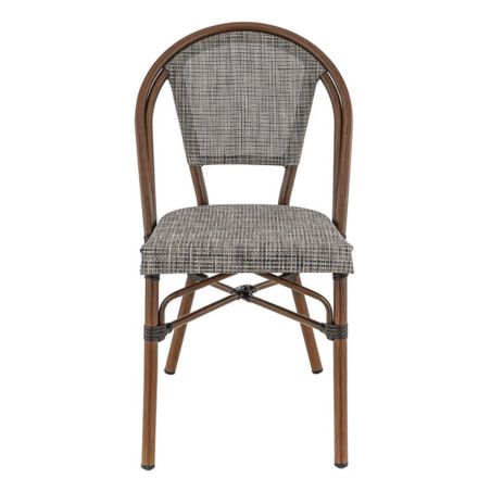 Chaise bistro REIMS H47 empilable d'extérieur - Aluminium effet bambou chestnut, textilène gris & beige
