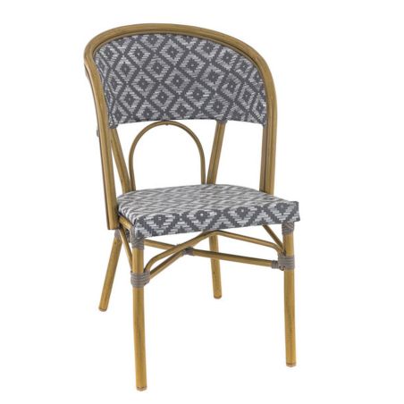 Chaise bistro LIMOGES H46 empilable d'extérieur - Aluminium effet bambou clair, textilène gris & blanc