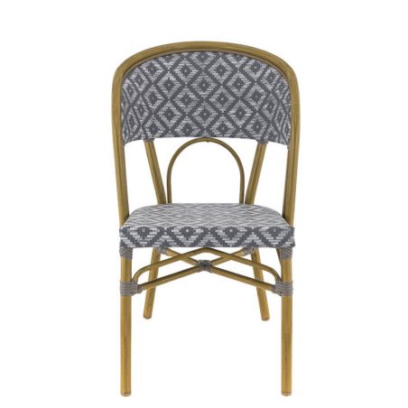 Chaise bistro LIMOGES H46 empilable d'extérieur - Aluminium effet bambou clair, textilène gris & blanc