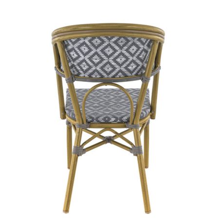 Chaise bistro LIMOGES H46 empilable d'extérieur - Aluminium effet bambou clair, textilène gris & blanc