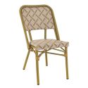 Chaise bistro ODEON H46 empilable d'extérieur - Aluminium effet bambou clair, textilène blanc & camel