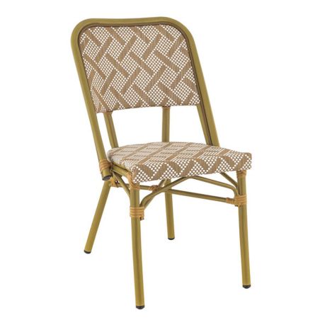 Chaise bistro ODEON H46 empilable d'extérieur - Aluminium effet bambou clair, textilène blanc & camel