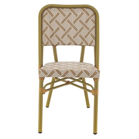 Chaise bistro ODEON H46 empilable d'extérieur - Aluminium effet bambou clair, textilène blanc & camel