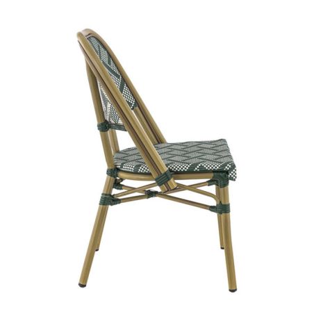 Chaise bistro ODEON H46 empilable d'extérieur - Aluminium effet bambou clair, textilène crème & vert