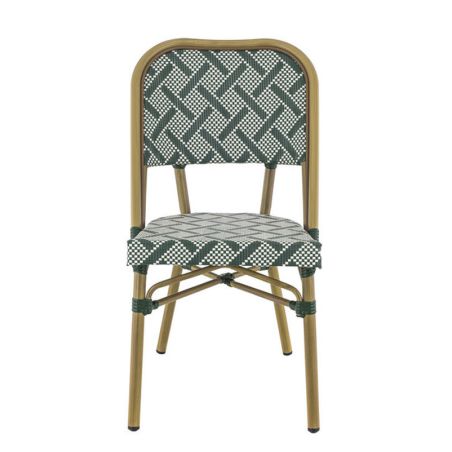 Chaise bistro ODEON H46 empilable d'extérieur - Aluminium effet bambou clair, textilène crème & vert