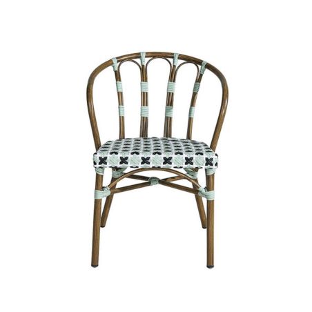Fauteuil de terrasse CLICHY H45,5 empilable d'extérieur - Aluminium effet bambou, polyéthylène vert pâle, noir & blanc