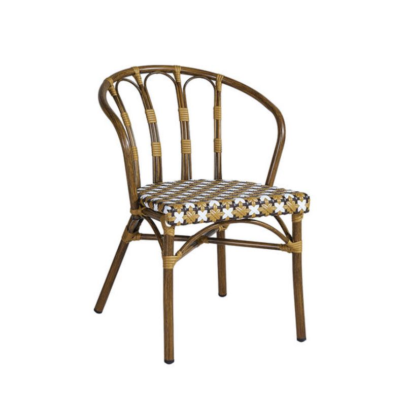 Fauteuil de terrasse CLICHY H45,5 empilable d'extérieur - Aluminium effet bambou, polyéthylène camel, blanc & brun