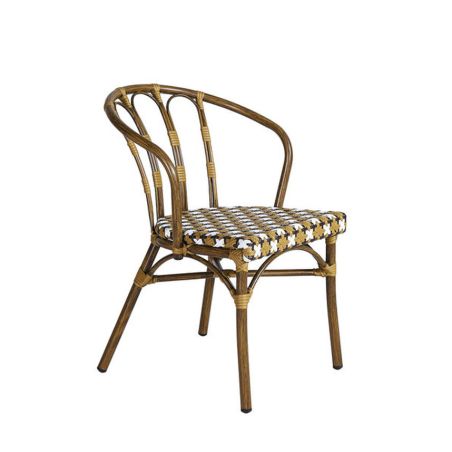 Fauteuil de terrasse CLICHY H45,5 empilable d'extérieur - Aluminium effet bambou, polyéthylène camel, blanc & brun