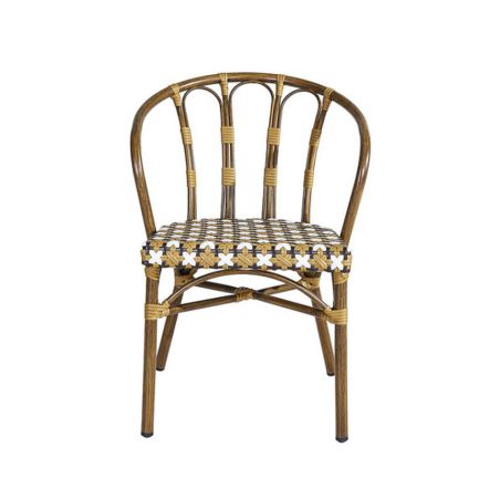 Fauteuil de terrasse CLICHY H45,5 empilable d'extérieur - Aluminium effet bambou, polyéthylène camel, blanc & brun