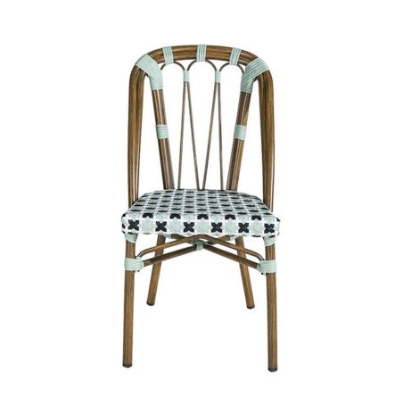 Chaise de terrasse AUTEUIL H45,5 empilable d'extérieur - Aluminium effet bambou, polyéthylène vert pâle, noir & blanc