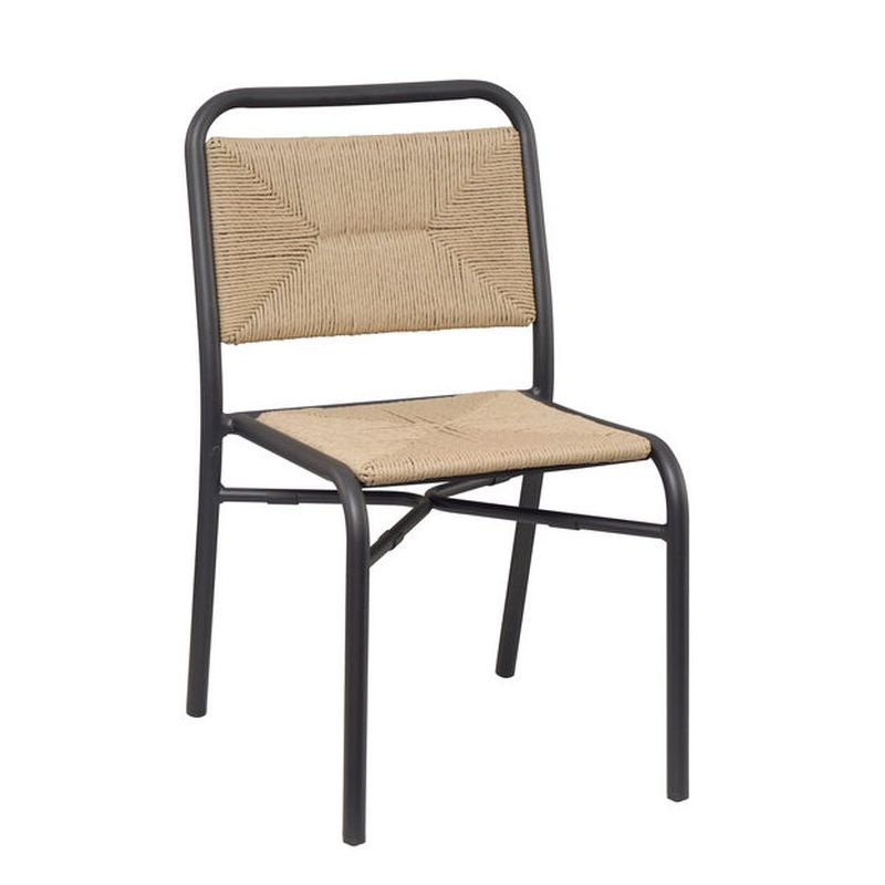 Chaise de terrasse FERNAND H46 empilable d'extérieur - Aluminium noir, polyéthylène paille