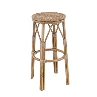 Tabouret de bar LAVAL H76 d'extérieur - Aluminium effet bambou caramel, tressage PE imitation rotin noisette
