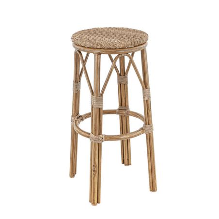 Tabouret de bar LAVAL H76 d'extérieur - Aluminium effet bambou caramel, tressage PE imitation rotin noisette