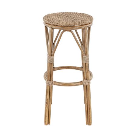 Tabouret de bar LAVAL H76 d'extérieur - Aluminium effet bambou caramel, tressage PE imitation rotin noisette