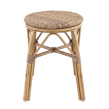 Tabouret de cuisine BREST H45 empilable d'extérieur - Aluminium effet bambou caramel, tressage PE imitation rotin noisette