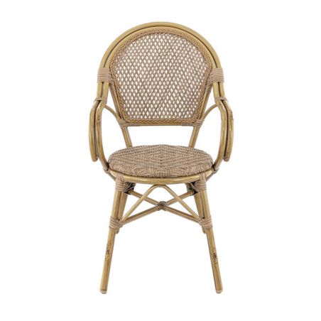 Fauteuil de terrasse ROCHELLE H45 empilable d'extérieur - Aluminium effet bambou caramel, tressage PE imitation rotin noisette