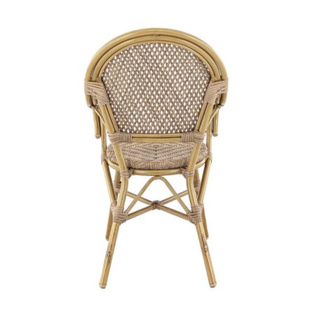 Fauteuil de terrasse ROCHELLE H45 empilable d'extérieur - Aluminium effet bambou caramel, tressage PE imitation rotin noisette