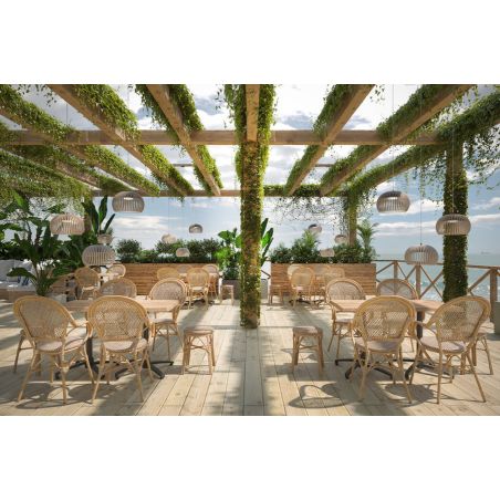 Fauteuil de terrasse ROCHELLE H45 empilable d'extérieur - Aluminium effet bambou caramel, tressage PE imitation rotin noisette