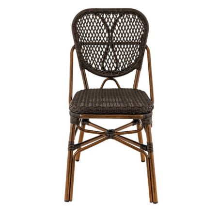 Chaise de terrasse DAX H46 empilable d'extérieur - Aluminium effet bambou et tressage PE imitation rotin marron foncé
