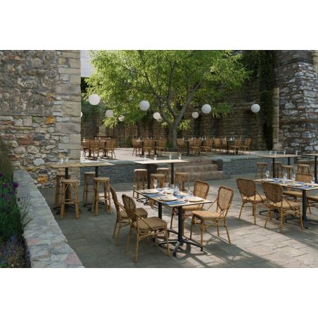 Chaise de terrasse DAX H46 empilable d'extérieur - Aluminium effet bambou caramel, tressage PE imitation rotin noisette