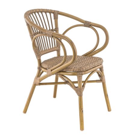 Fauteuil de terrasse METZ H44 empilable d'extérieur - Aluminium effet bambou caramel, tressage PE imitation rotin noisette