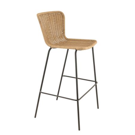 Tabouret de bar LOYD H77 empilable d'extérieur - Métal noir, tressage PE imitation rotin naturel