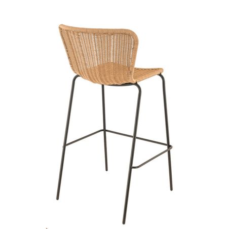 Tabouret de bar LOYD H77 empilable d'extérieur - Métal noir, tressage PE imitation rotin naturel