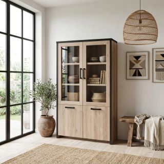 Vitrine 4 portes TREVOR en décor chêne d'été