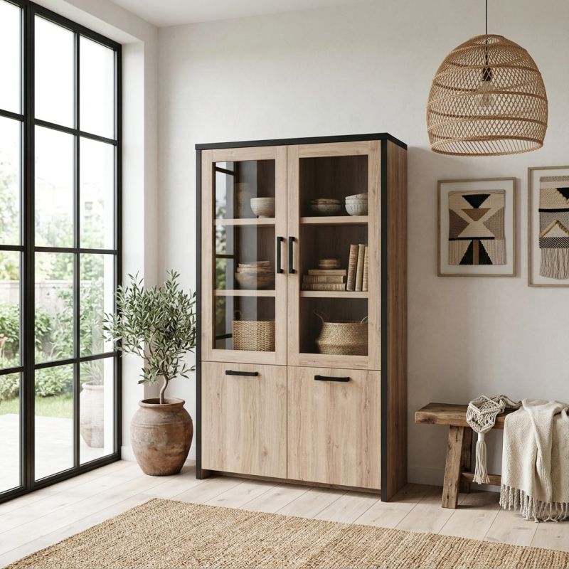 Vitrine 4 portes TREVOR en décor chêne d'été
