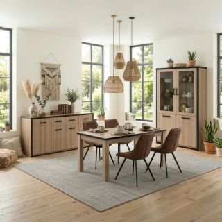Salle à manger complète TREVOR en décor chêne clair avec vitrine