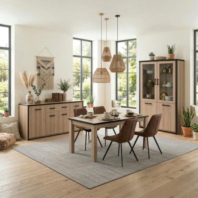 Salle à manger complète TREVOR en décor chêne clair avec vitrine