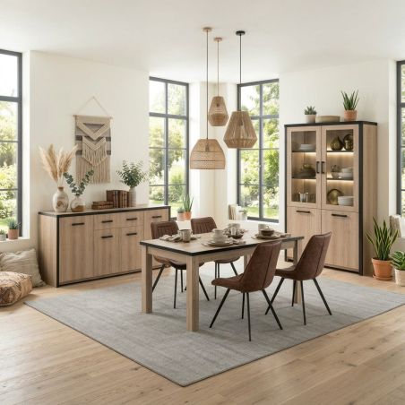 Salle à manger complète TREVOR en décor chêne clair avec vitrine