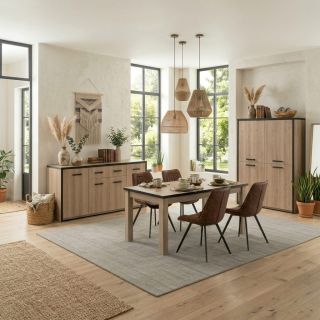 Salle à manger complète TREVOR en décor chêne clair avec buffet haut